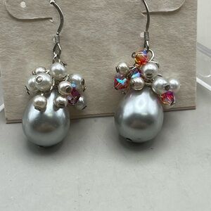 Handmade Elegant Sterling Silver Pearl and Swarovski Crystals Cluster Earrings